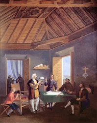 Cristoforo Colombo, accompagnato dal figlio Diego, spiega i suoi piani di esplorazione al priore del monastero francescano di Santa Maria de la Rabida, al medico Garcia Fernandes e ad Alonso Pinz